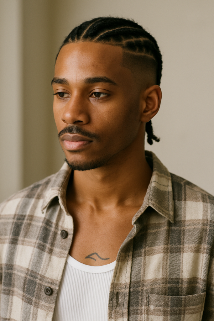 alt="Classic cornrow braid style for Black men with a clean fade"