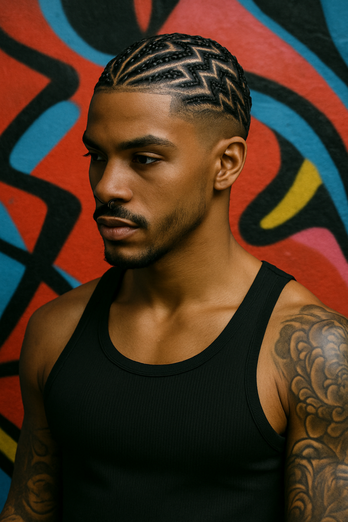 alt="Zig-zag cornrow braid styles for men with bold designs"