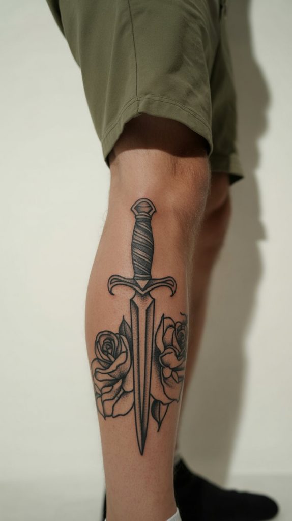 Blackwork Dagger with Flowers