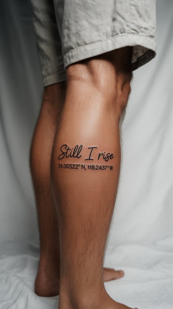 Minimalist Quote with Coordinates on Outer Calf