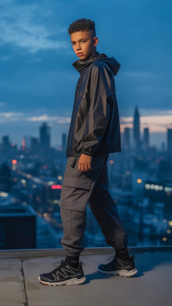 Techwear Windbreaker + Cargo Joggers + Trail Sneakers Techwear Windbreaker + Cargo Joggers + Trail Sneakers