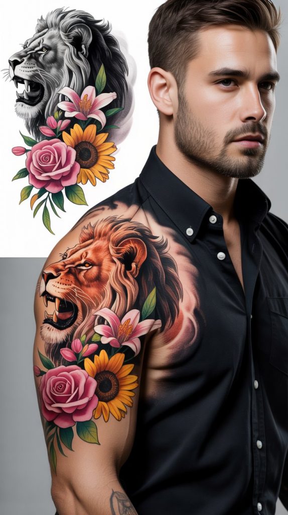 Roaring Lion With Floral Accents