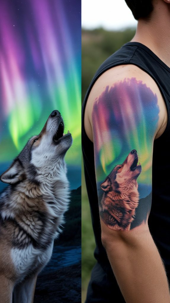 Wolf Howling with Northern Lights