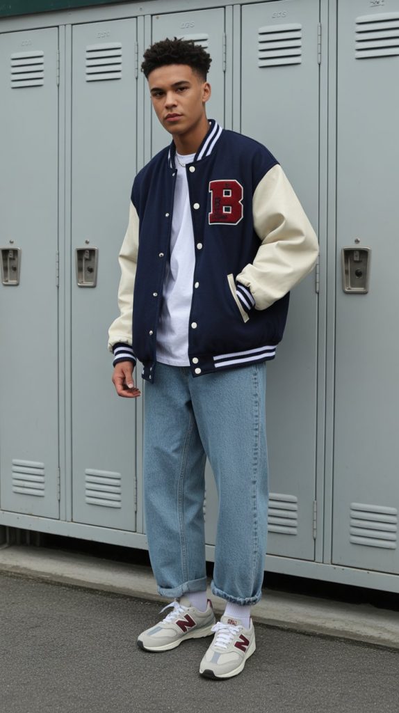 Varsity Jacket + White Tee + Relaxed Fit Jeans Varsity Jacket + White Tee + Relaxed Fit Jeans