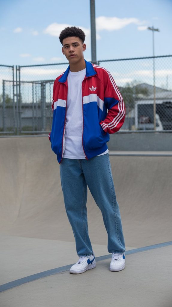 Track Jacket + White Tee + Straight Jeans Track Jacket + White Tee + Straight Jeans